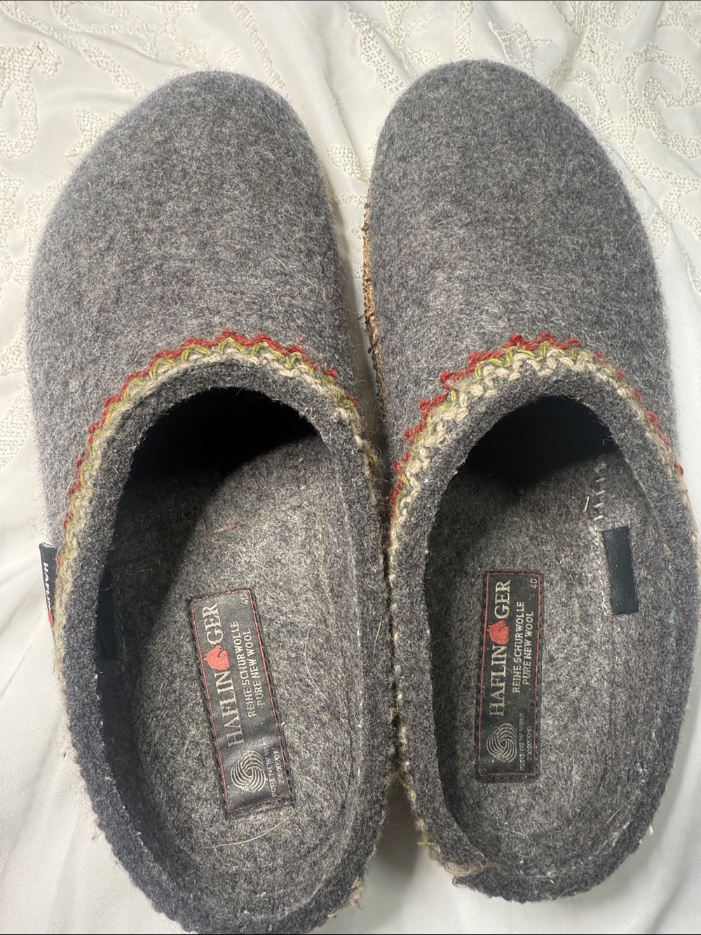 Haflinger Gray Wool Slip-On Clogs with Multicolor Trim